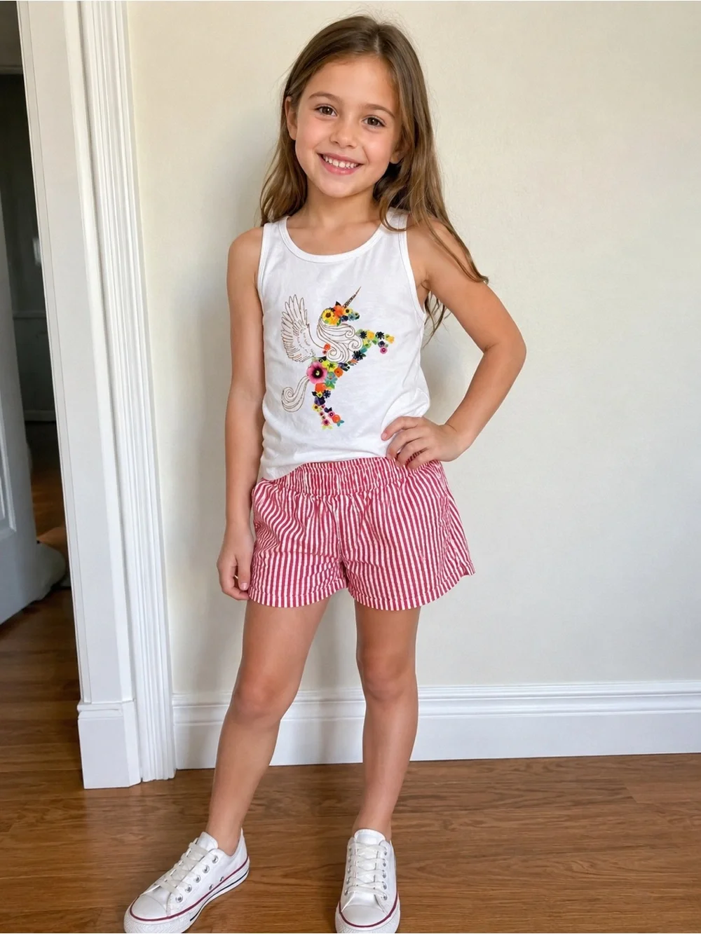 Cat & Jack White Unicorn Tank with Red & White Stripe Shorts